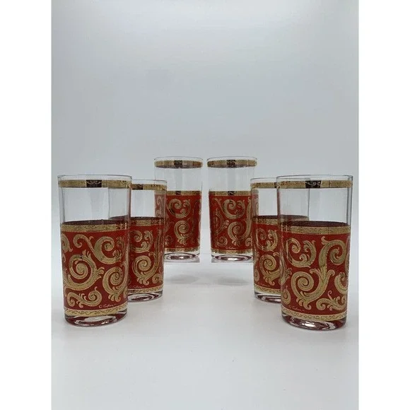 Culver ltd MCM Red 22K Gold Swirl Set of 6 Leaf Scroll Baroque High Ball Glasses - Picture 6 of 16